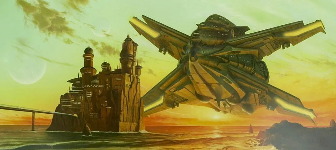A scene from the book which shows a scifi tower alongside a beach, with a starship nearby, and a background of various planets.
